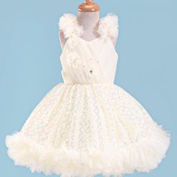 Enfance Sleeveless Floral Applique Sequin Embellished Ruffle Detailed Dress - Off White-image-64