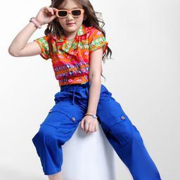 Ollington St. Woven Georgett Printed Half Sleeves Top & Twill Culotte Pant Set - Orange & Blue-image-23