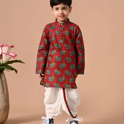 MoMaa Cotton Full Sleeves Elephant Motifs Printed Kurta Dhoti Set - Red & White-picture-24