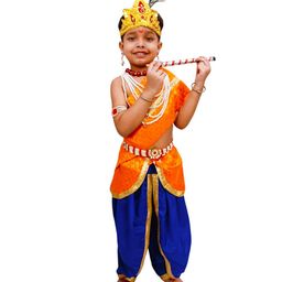 BookMyCostume Brocade Ethnic Foil Printed Krishna Costume Set - Orange-image-64