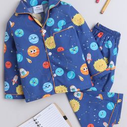 Knitting Doodles Pure Cotton Woven Full Sleeves Space Theme Printed Coordinating Night Suit Set - Blue-image-61