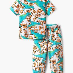 Honeyhap Premium 100% Cotton Knit Half Sleeves Co-ords Night Suit with Bio Finish & Dino Print - Bright White & Blue Curacao-image-97