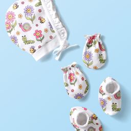 Babyhug Interlock Knit Cap Mittens And Booties with Floral Print White - Diameter 21 cm-3