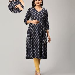 The Mom Store Muslin Knit Three Fourth Sleeves Ethnic Motifs Printed Maternity Kurta With Nursing Access - Indigo-image-76
