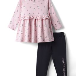 CUCUMBER Interlock Knit Full Sleeves Frock & Leggings with Floral & Duck Print & Frill Detailing - Pink-image-98