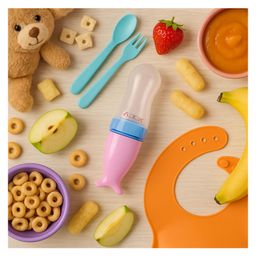 AEREX BPA Free Silicone Squeezy Food Feeder with Plastic Spoon with Suction Base | Baby Squeezing Silicone Feeder Bottle | Feeding Spoon Bottle for Semi-Solid Food, Cereals, Fruit Food Feeder (Pink)-32