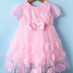 Babyhug Mesh Woven Fit & Flare Cap Sleeves Party Dress with Sequinned Yoke Floral & Bow Applique - Pink-image-99