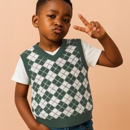 Mi Arcus Knit Sleeveless Squares Designed Sweater - Green-image-20