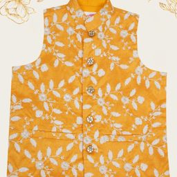 Little Bansi Mulberry Silk Woven Sleeveless Floral Thread Work Detailed Nehru Jacket- Haldi Yellow-image-69