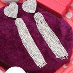 StyleCast Silver-Plated Rhinestone Studded Tasselled Heart Shaped Drop Earrings-image-8