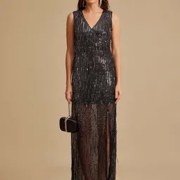 Kazo Women Embellished Sequin V-Neck A-Line Maxi Dress-image-44