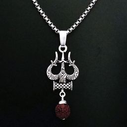 Minprice Stainless Steel Silver-Plated Trishul Rudraksha Pendant With Chain-image-4