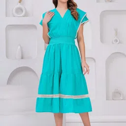 OH MI DIOS Women V-Neck Cap Sleeves Smocked Fit & Flare Dress-image-41