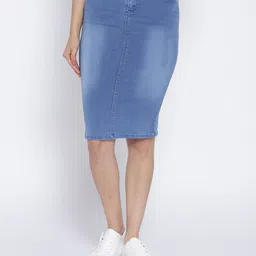 Purple Feather Denim Washed Pencil Skirt-picture-47