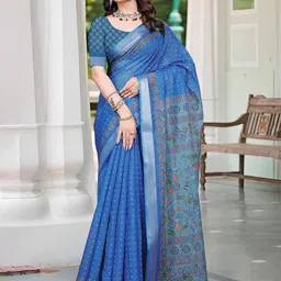 Moda Rapido Floral Printed Zari Border Saree with Blouse Piece-picture-10