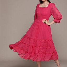 Antheaa Fuchsia Solid Chiffon Smocked Tiered Midi Dress-picture-6