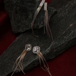 SOHI Set Of 2 Silver Plated Artificial Stones Contemporary Drop Earrings-46