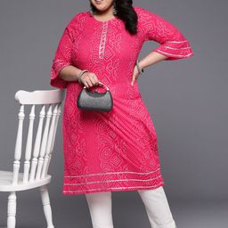 A PLUS BY AHALYAA Plus Size Bandhani Printed Bell Sleeves Gotta Patti Pure Cotton Kurta-picture-19