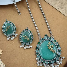 NAMAN ARTS Silver-Plated Oxidised Stone-Studded & Beaded Jewellery Set-image-99