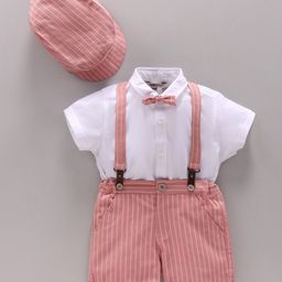 ToffyHouse Cotton Half Sleeves Shirt & Striped Shorts With Suspenders & Hat - Pink-picture-30