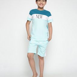 Lil Tomatoes Half Sleeves NEW Printed Colour Blocked Night Suit - Teal Blue-image-2