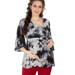 Mom for sure by Ketki Dalal Three Fourth Sleeves Maternity Cum Nursing Tie Dye Top - Black White-picture-6