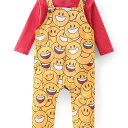 Babyhug 100% Cotton Single Jersey Knit Dungaree and Full Sleeves T-Shirt Set Emoji Print - Red & Yellow-image-53