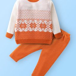 Babyhug Knitted Full Sleeves Sweater Set Floral Design - White & Orange-image-52