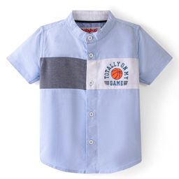 Babyhug 100% Cotton Woven Half Sleeve Solid Mandarin  Collar With Cut & Sew Text Print- Blue-image-8
