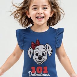 Babyhug Disney Cotton Knit Half Sleeves Top Frill Detailing 101 Dalmatians Graphics and Sequins Detailing - Blue-image-5