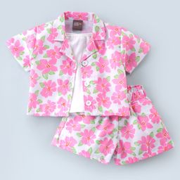 Little Kangaroos Cotton Woven Half Sleeves Top & Shorts With Floral Print - Pink-picture-27