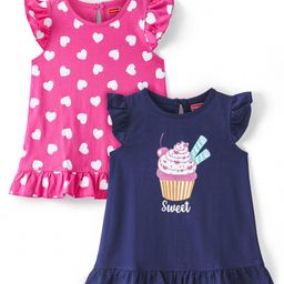 Babyhug Cotton Knit Flutter Sleeves Nighty With Heart & Cup Cake Print Pack of 2- Navy & Pink-image-87