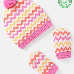 Babyhug 100% Organic Woollen Cap & Mittens With Pom Pom Applique & Chevron DesignPink - Diameter 11 cm-27
