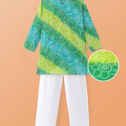 Pine Kids Cotton Woven Full Sleeves  Bandhani Printed Kurta Pyjama Set - Green-image-60