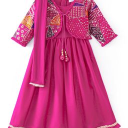 Babyoye Woven Solid Dress with Full Sleeves Sequins Embroidered Jacket & Dupatta - Dark Pink-image-92