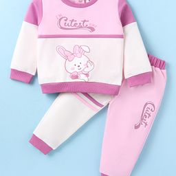 ToffyHouse 100% Cotton Knit Full Sleeves Cut & Sew T-Shirt & Lounge Pant with Bunny & Text Print - Pink & White-image-16