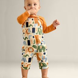 My Milestones 100% Cotton Animals Printed & Pocket Detailed Dungaree With Full Sleeves Lion Patch Printed Tee Set - Orange & Cream-image-2