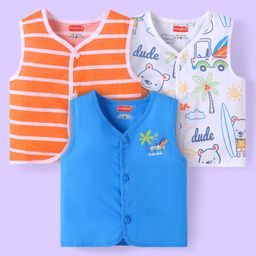 Babyhug 100% Cambric Woven SleevelessFront Open Jhabla with Beach Theme PrintPack of 3 - Blue Coral & White-image-52