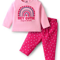 Doodle Poodle 100% Cotton Full Sleeves Night Suit With Text & Heart Print - Pink-picture-45