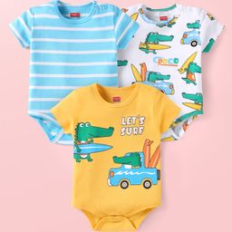 Babyhug 100% Cotton Knit Half Sleeves Onesies With Stripes & Dino Print Pack of 3 - Blue White& Yellow-image-37