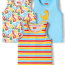 Babyhug 100% Cotton Knit Sleeveless Alphabet & Dino Printed Sando Vests Pack of 3 - Light Blue White & Red-image-84