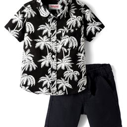 Babyhug Cotton Woven Half Sleeves Shirt & Denim Shorts Set With Tree Print - Black & White-image-87