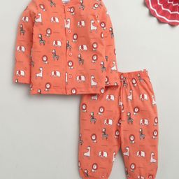 BUMZEE Cotton Knit Full Sleeves Baby Animals Printed Coordinating Jhabla & Pajama Set - Coral-image-75