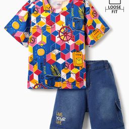 Ollington St. Cotton Knit Half Sleeves Printed T-Shirt & Denim Shorts Set -Multicolor & Indigo-picture-19