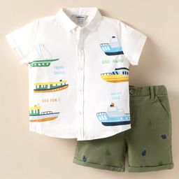 ToffyHouse Cotton Knit Half Sleeves Shirt & Shorts Set with Nautical Theme Print - White & Green-image-28