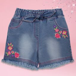 Cutecumber Floral Embroidered Mild Washed Denim Shorts - Blue-image-99
