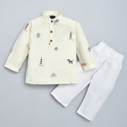 Kiwi Cotton Knit Full Sleeves Cycles Embroidered Kurta Pyjama Set - Lemon & White-image-80