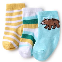 Cute Walk by Babyhug Knit Ankle Length Anti Bacterial Socks with Stripe & Bear Design Pack of 3 - White Light Blue & Orange-image-87