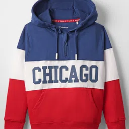 Pine Kids Cotton Knit Full Sleeves Cut & Sew Designed Hooded Sweatshirt with Text Print & Kangaroo Pockets - Red Blue & White-picture-12