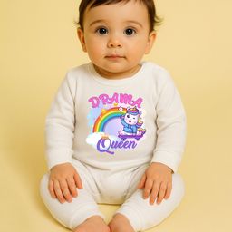 The Peppy Tend 100% Cotton Knit Full Sleeves Drama Queen Text & Baby Unicorn Printed Romper - White-image-87